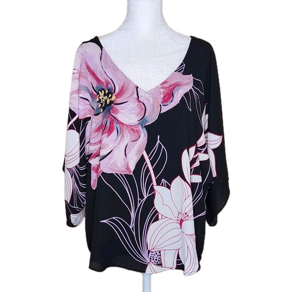 White House Black Market Magnolia Floral Kimono Sleeve V-Neck Blouse Small - Picture 2 of 11